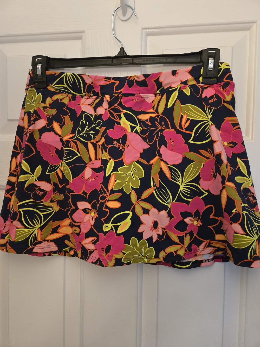 Lands' End Navy Floral Mini Skirt with Pink & Neon Yellow Accents